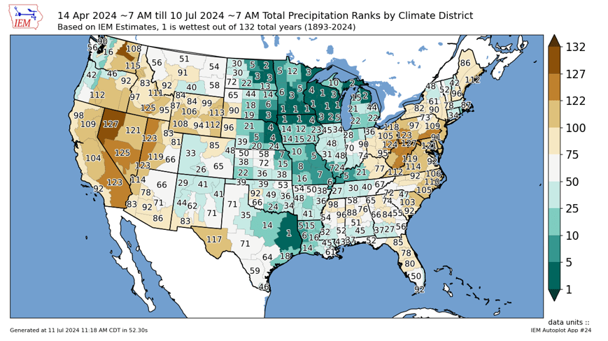 Total US Precipitation Ranks April 14th Through July 10th, 2024