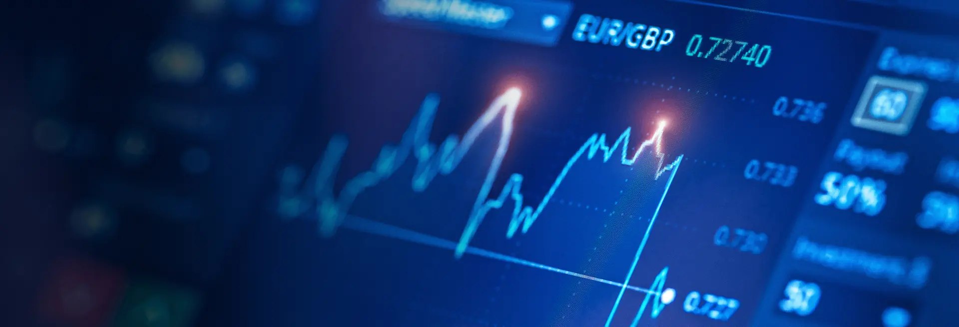 Close-up do gráfico de ações na tela do computador, mostrando as tendências do mercado de câmbio